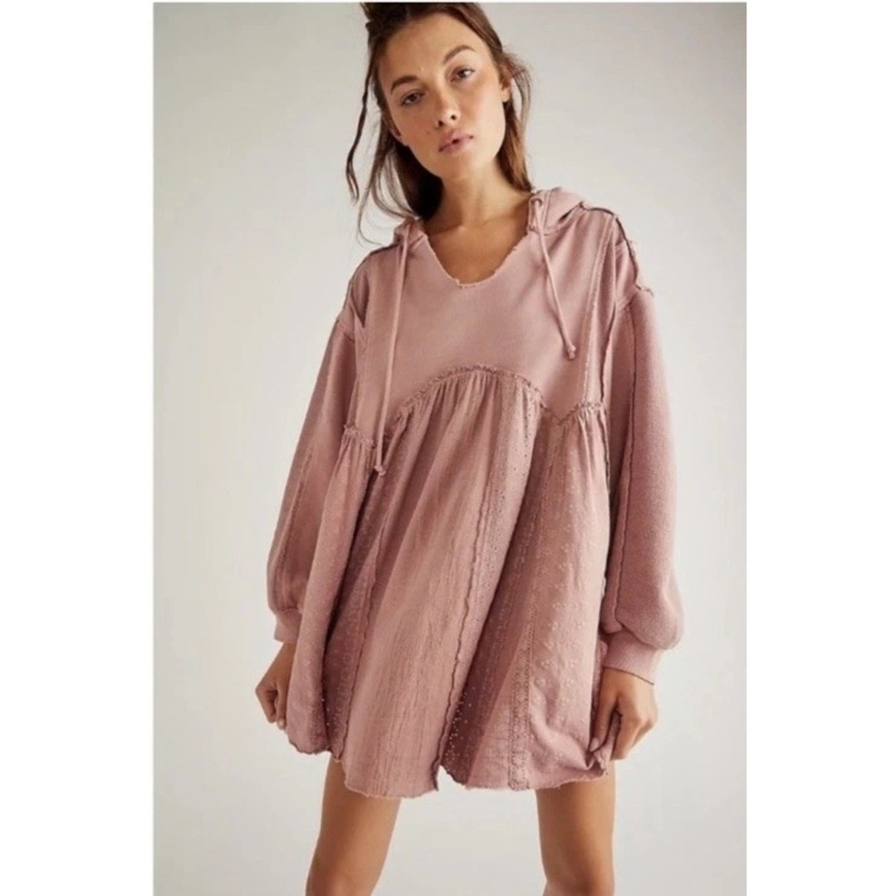 Free People Juniper Pullover Rose Tyrie Eyelet Lace Babydoll Hoodie Oversized XS